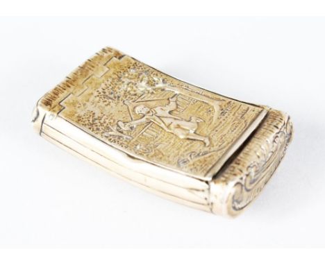 A GEORGE III RIBBED SNUFF BOX, the lid repousse with a boy playing. 7cms long.  Birmingham 1805.  Maker: John Shaw.