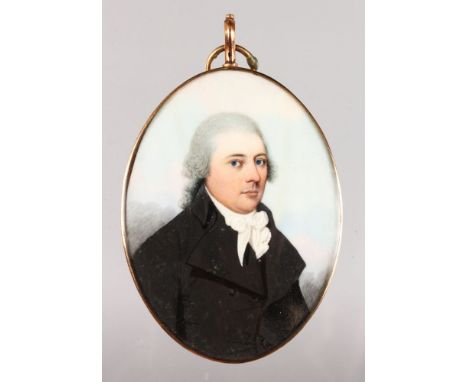 FREDERICK BUCK (1771-1840) BRITISH AN OVAL PORTRAIT MINIATURE OF A GENTLEMAN, wearing a black coat and white cravat, with sky