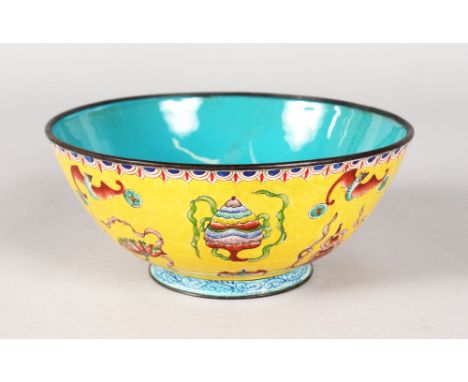 A CANTON YELLOW GROUND CLOISONNE ENAMEL BOWL. 6.5ins diameter.