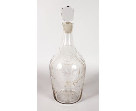 A LARGE ENGRAVED PUNCH DECANTER AND STOPPER, engraved PUNCH with urn, scrolls and fruiting vines. 18ins high.