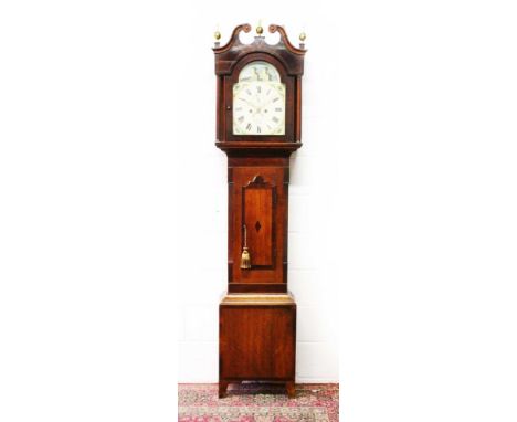 A 19TH CENTURY COUNTRY MADE OAK AND MAHOGANY LONGCASE CLOCK, with swan neck pediment and hood containing an eight day movemen