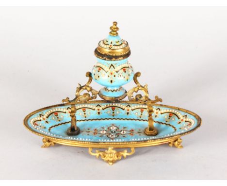 A 19TH CENTURY FRENCH ORMOLU AND BLUE ENAMEL INKWELL AND TRAY. 6.5ins long.
