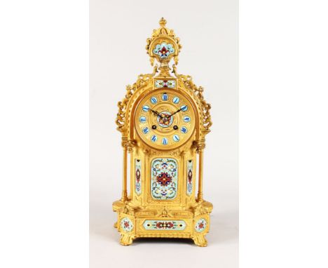 AN EARLY 19TH CENTURY FRENCH ORMOLU AND CHAMPLEVE ENAMEL ISLAMIC DESIGN CLOCK, with eight day movement, blue Roman numerals, 