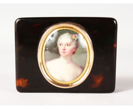 AN EXQUISITE 18TH CENTURY FRENCH MINIATURE on enamel set into a tortoiseshell box with gold embellishment (see typed further 