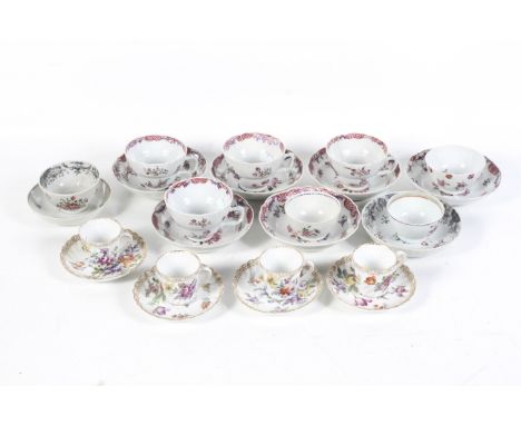 A group of 18th and 19th century English and Continental porcelain tea bowls, cups and saucers, etc. Mostly hand painted deco