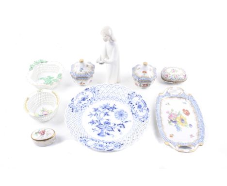A collection of assorted 19th century and later porcelain. Including  Meissen blue and white plate, two Limoge trinket boxes,
