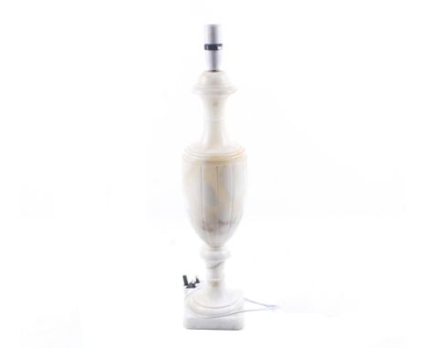 A vintage grey veined white alabaster urn shaped table lamp. On a square plinth. With lobed and fluted carved decoration. H48