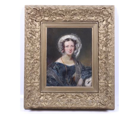 Circa 1835, English School, oil on board, portrait of a recently married young lady. Wearing a silk bonnet, blue dress and di