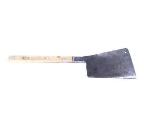 A large vintage butchers meat cleaver. The registration number rubbed, marked 'Never Fail Great Quality', with a wooden handl
