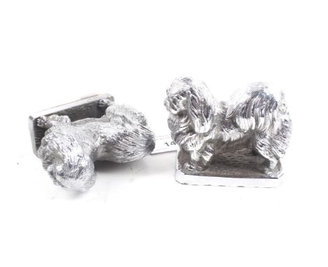 Louis Lejeune, a pair of cast metal pekingese dogs, Car Bonnet Mascots, hood ornaments.  Stamped 'LeJeune'. Chrome plated. H7