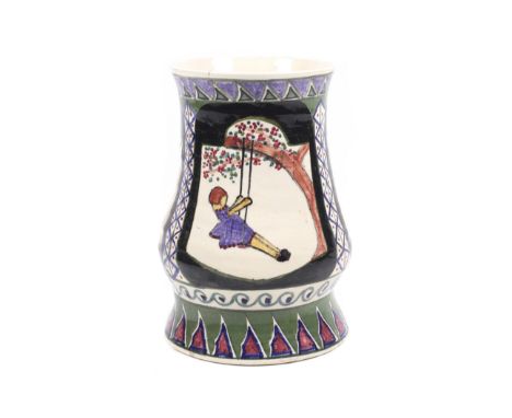 A vintage Studio Pottery vase decorated with three scenes of a girl on a swing. With Art Deco style patterned borders, with s