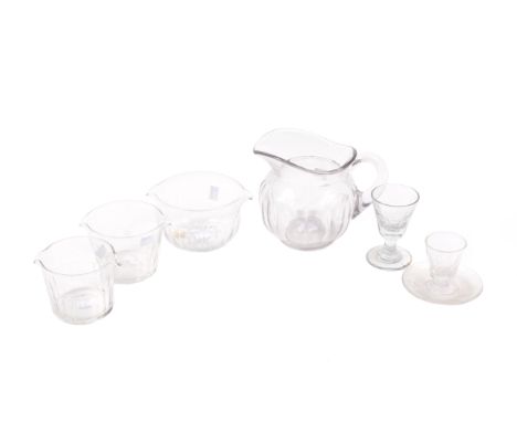 Six pieces of vintage glassware. Including Georgian Rincers, a single glass and a further small glass attached to a saucer. J