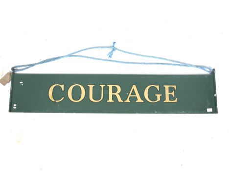 A vintage metal 'Courage' double-sided brewery advertising sign. Gold lettering on a dark green background. With a eyehole at