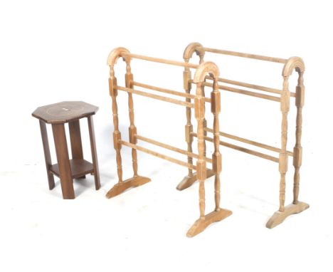 Two vintage wooden towel rails and an inlaid side table. L61cm x D29cm x H78cm