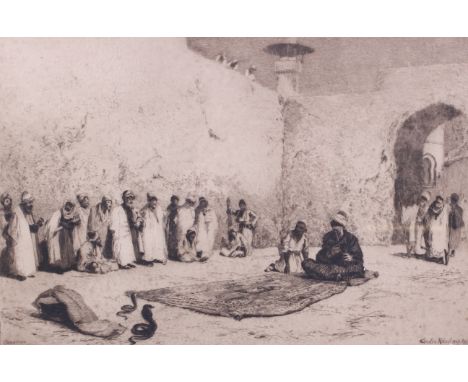 After Charles Robertson (1844-1891), rare etching, 'Damascus'. The snake charmer with figures and two snakes sat by a carpet,