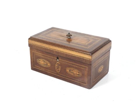 A 19th century tea caddy. With mahogany, satinwood and ebony parquetry geometric borders to the lid and inlaid floral roundel