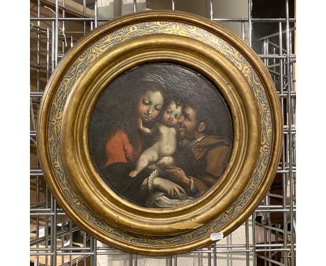 FOLLOWER OF ANDREA CELESTI  (ITALIAN 1637-1706) MADONNA &amp; CHILD WITH SAINT - CIRCULAR OIL ON WOOD IN GILT FRAME V ERSO PR