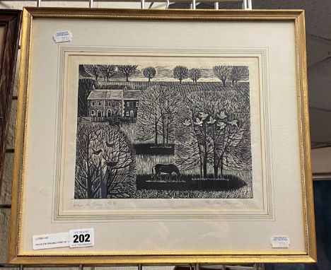 WOOD ENGRAVING PRINT BY CHRISTINE JOHNSON FROM THE TRAIN 26CM X 21CM