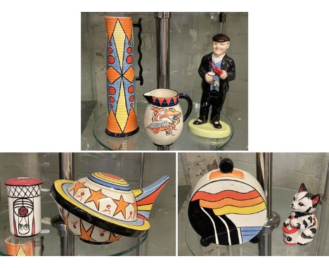 SIX LORNA BAILEY FIGURES, TEAPOT DAMAGED TO THE LID