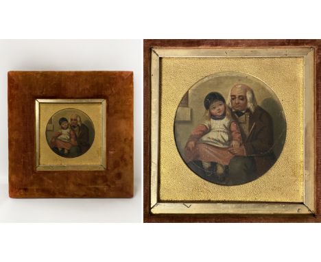 MINATURE PORTRAIT OF GRANDFATHER &amp; GRANDSON - UNSIGNED - 23CM X 23CM