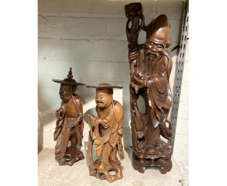 2 CHINESE CARVED FIGURE WITH A CARVED CHINESE LAMP BASE - TALLEST IS 50CMS