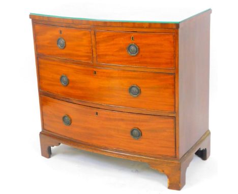 A 19thC mahogany bow front chest, of two short and two long drawers, each with octagonal plate handles on bracket feet, 93cm 