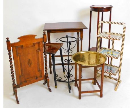 Various furniture, oak fire screen, plant stand, folding cake stand, brass top table, etc. (a quantity)  