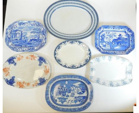 Various meat plates, late 19thC and other, Copeland Spode Italian example, 41cm W, other blue and white, oval example, etc.  