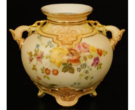 A Royal Worcester blush ivory baluster vase, decorated with flowers, shape code 1176, 1894, 9cm H.  There is no apparent dama