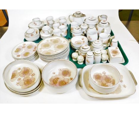 A Denby floral pattern part dinner service, to include serving dish, 38cm W, teapot, open vegetable dishes, coffee pot, cups,