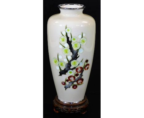 A Japanese cloisonne enamel vase by Tamura, decorated with flowering hawthorn blossoms on a creamy white ground shouldered bo