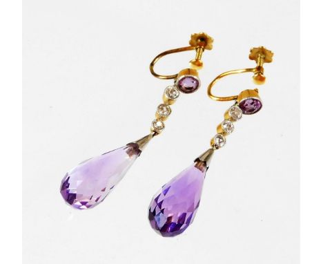 A pair of 18ct gold amethyst and diamond drop earrings, with tear drop shaped amethyst drop and row of three tiny diamonds an