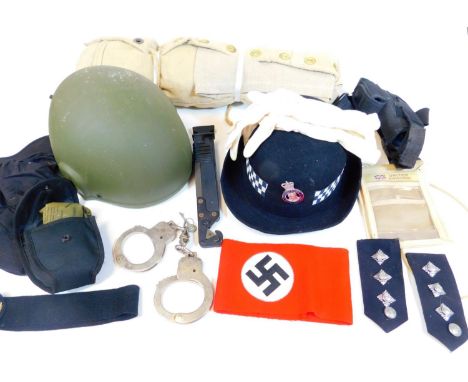 Various collectable items, a police officer's hat with CW Head Dress Limited label, with four badge, 10cm H, a reproduction N