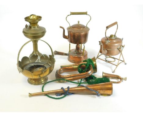 Various copper, early 20thC spirit kettle on stand, 30cm H, bugle, horn, miniature bugle, etc. (a quantity)   