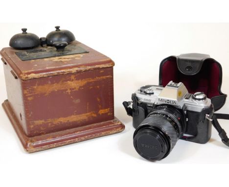 A 20GF0076 telephone speaker, with two black bells on wooden box, painted burgundy, 17cm H, 18cm W, 23cm D and a Minolata X-3