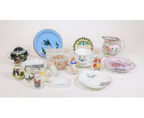 Various pottery and effects, a 19thC pink lustre jug raised with figure on horseback, 12cm H, transfer printed cup and saucer