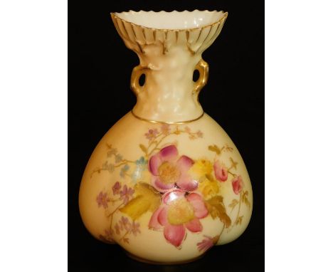 A Royal Worcester blush ivory bulbous vase, decorated with flowers, shape code 1663, c1907, 11cm H.  There is no apparent dam