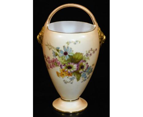 A Royal Worcester blush ivory handled vase, decorated with flower groups, shape code G/50, puce marked, 1909,  13cm H.  There