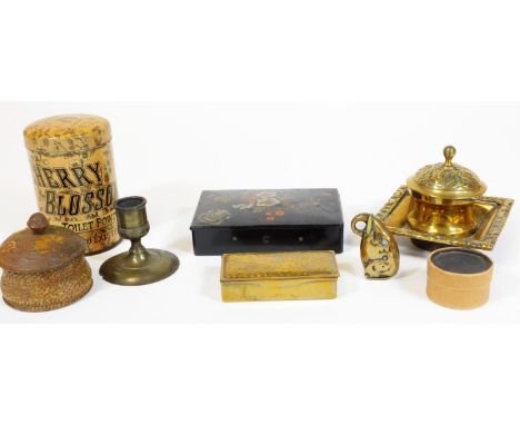 Various metalware, bygones, collectables, etc.  a hammered brass stamp case with three sectional interior, lidded treen box, 