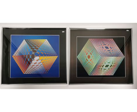 VASARELY, VICTOR (Pecs 1906- 1997 Paris), 2 Farbsiebdrucke: 1) ohne Titel, würfelförmige Komposition aus geometrisierenden Fo