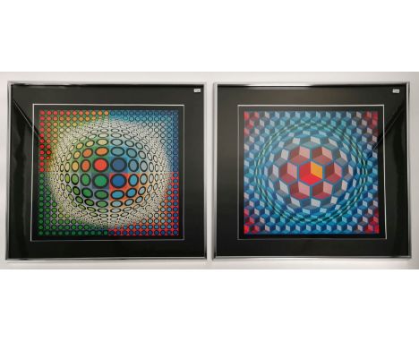 VASARELY, VICTOR (Pecs 1906- 1997 Paris), 2 Farbsiebdrucke: 1) ohne Titel, Komposition aus geometrisierenden Formen als dreid