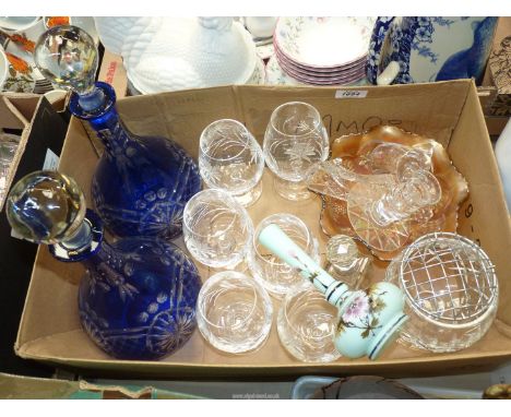 A quantity of glass to include a set of six Thomas Webb brandy balloons, pair of Royal blue decanters, Goebel seal paperweigh