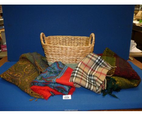 A small quantity of scarves and shawls to include James Pringle Weavers scarf, wool with embroidered paisley design, etc. 