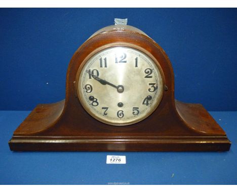 A Napoleon's hat shaped mantle clock with Arabic numerals with key and pendulum, (back door as found).