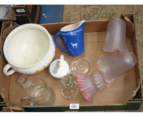 A quantity of china and glass including Wade Whisky water jug, chamber pot, frosted glass light shades, etc.