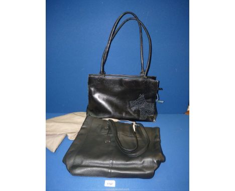 A large black leather Radley Handbag, with tag and dust bag and another similar Handbag with dog decoration to front and tag,