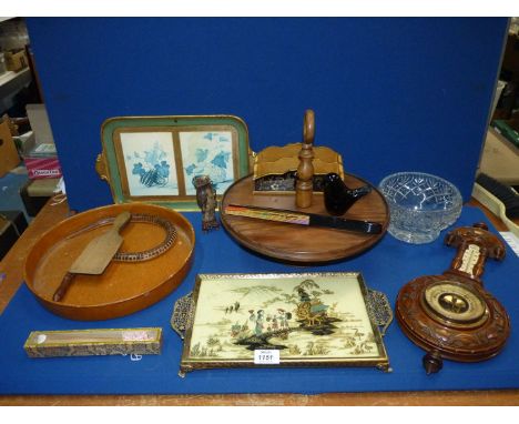 A quantity of miscellaneous to include: trays, lazy Susan, a letter rack, articulated snake, barometer, etc.