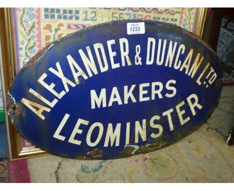 An oval 'Alexander & Duncan Ltd. Leominster' enamel sign, 20" x 12", some wear.