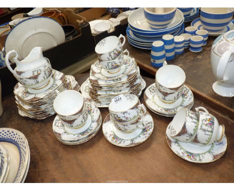 A part 1930's Grosvenor china tea set on orange tree and floral arch pattern to include: ten cups , eleven tea plates and sau