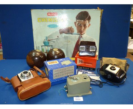 A pair of antique bowling woods by William Skyes of Horbury, a Hornby Dublo battery control Unit, a vintage 3D View-Master wi